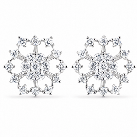 DERT0474W W-1 frontal pair - tapered baguette and round diamond openwork snowflake stud earrings