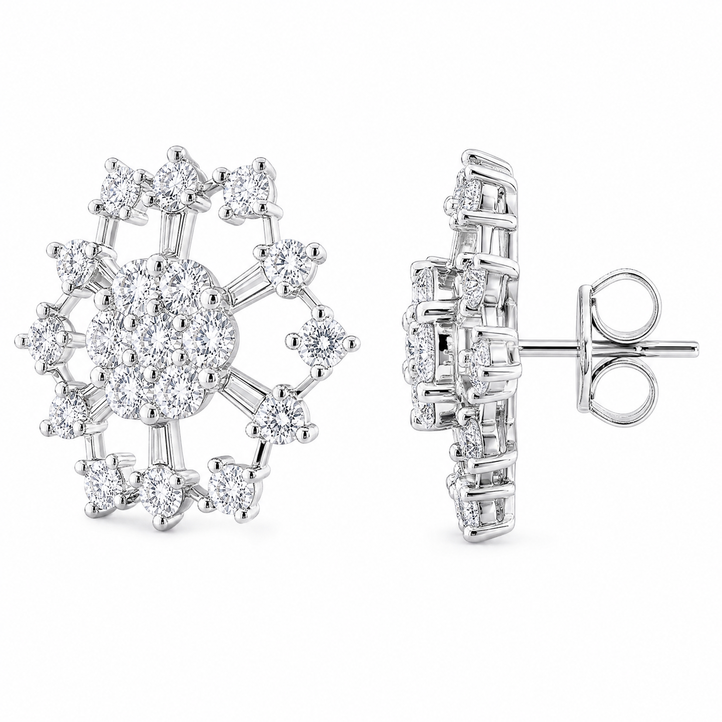DERT0474W W-2 front and turned view showing post and butterfly back - tapered baguette and round diamond openwork snowflake stud earrings