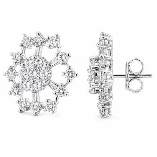 DERT0474W W-2 front and turned view showing post and butterfly back - tapered baguette and round diamond openwork snowflake stud earrings