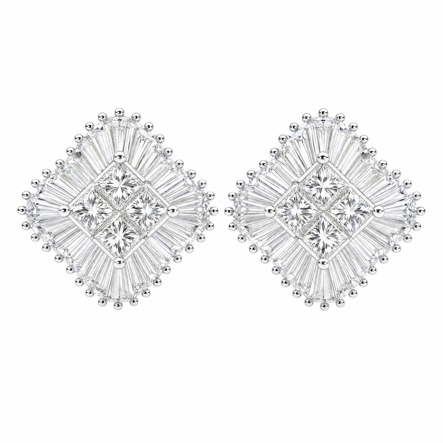 DERT0494W W-1 frontal pair - invisible-set princess centre with radiating tapered baguette diamond pinwheel clip earrings in 18K white gold
