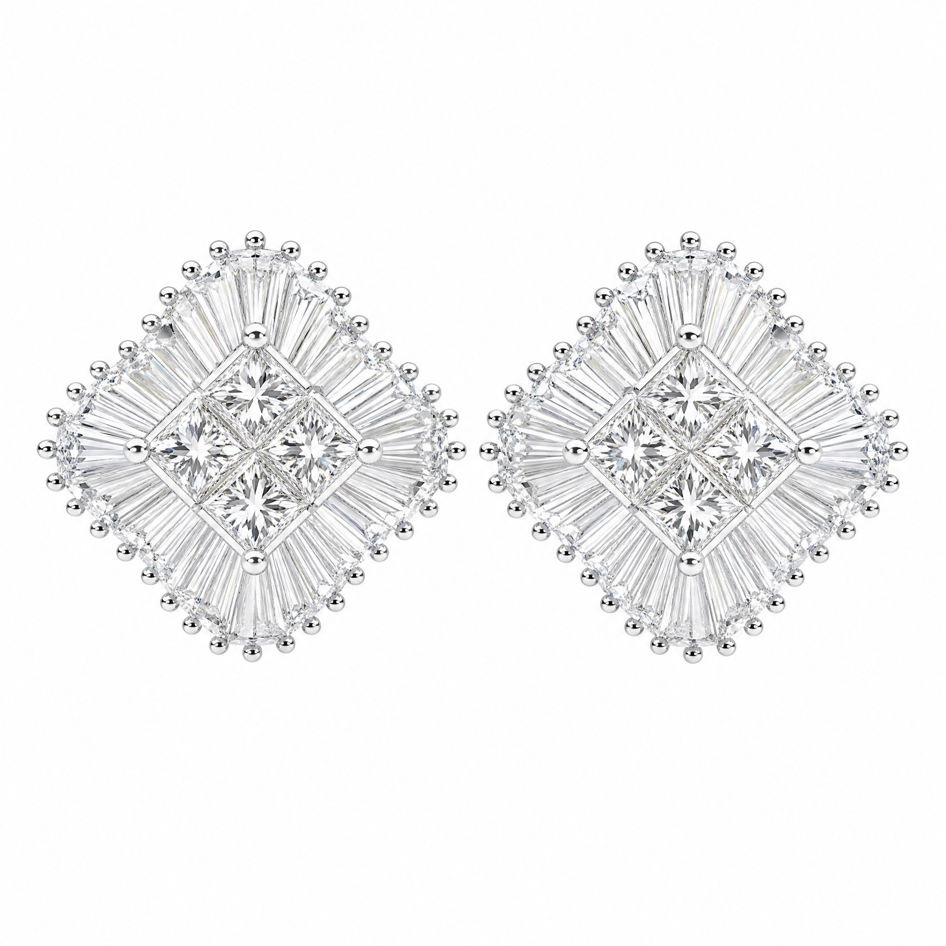 DERT0494W W-1 frontal pair - invisible-set princess centre with radiating tapered baguette diamond pinwheel clip earrings in 18K white gold