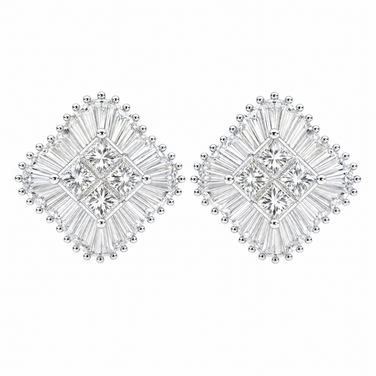 DERT0494W W-1 frontal pair - invisible-set princess centre with radiating tapered baguette diamond pinwheel clip earrings in 18K white gold