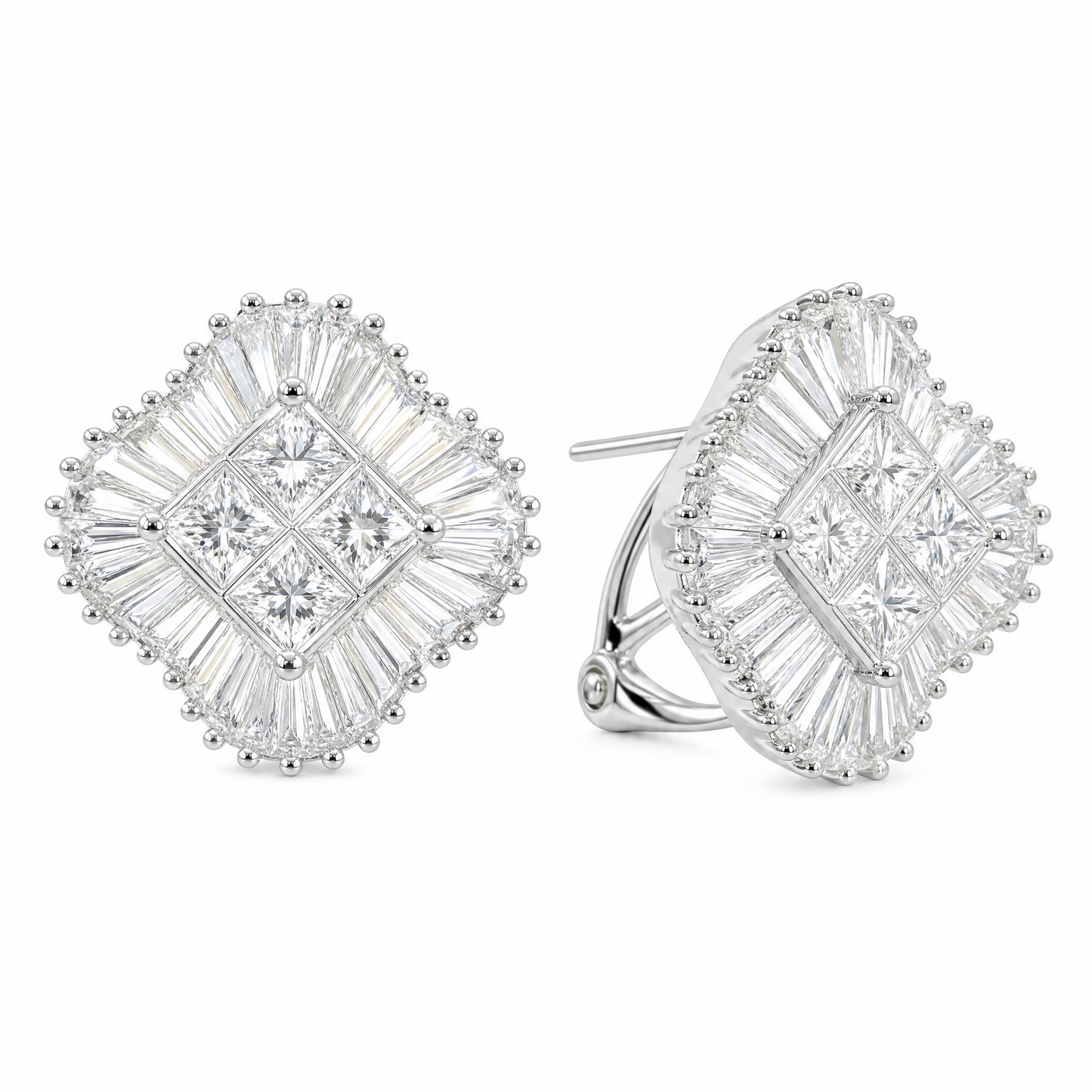 DERT0494W W-2 front and turned view showing French clip backing - princess and tapered baguette diamond pinwheel clip earrings in 18K white gold