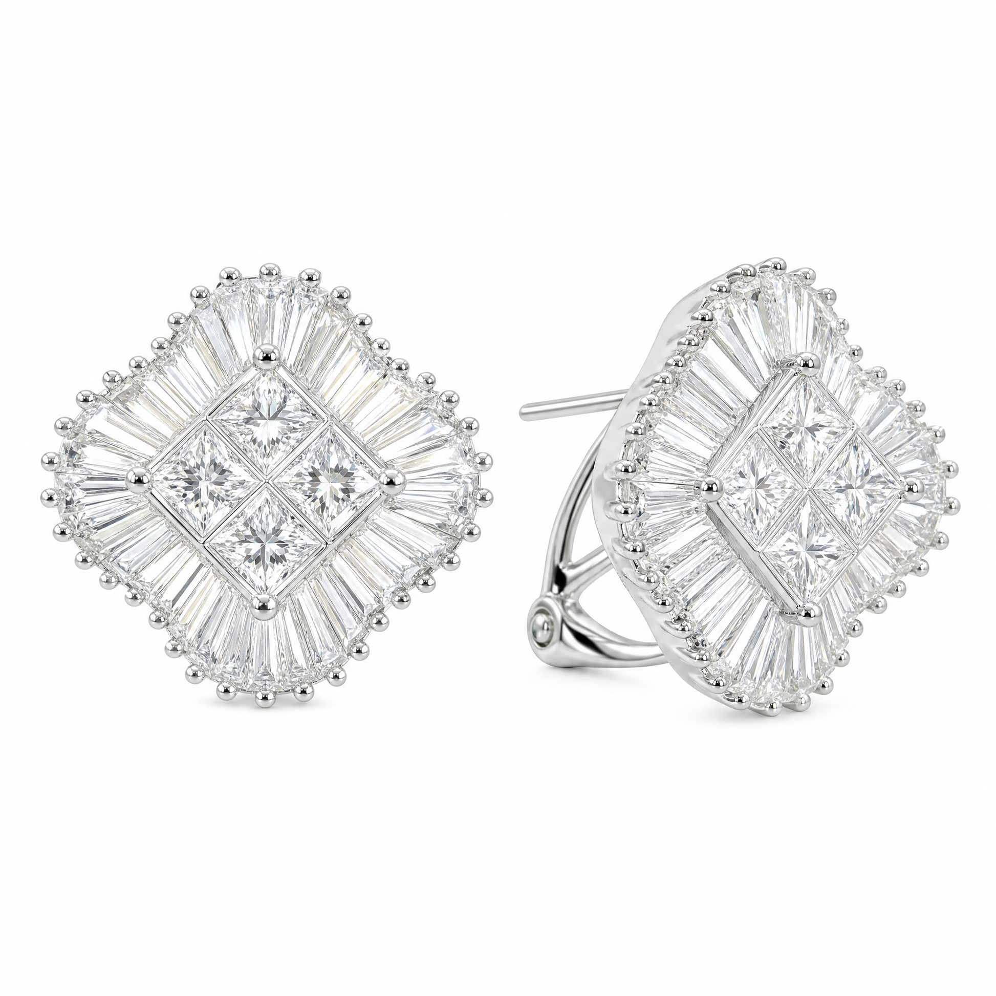 DERT0494W W-2 front and turned view showing French clip backing - princess and tapered baguette diamond pinwheel clip earrings in 18K white gold