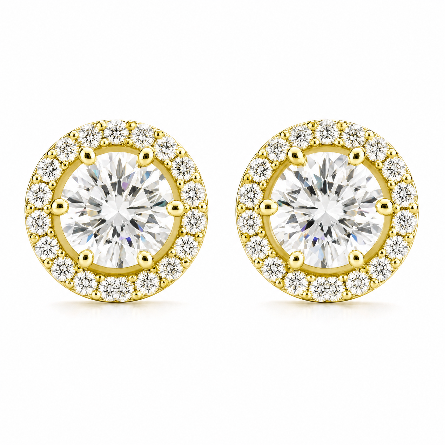 DERT0565 W-1 frontal pair - round diamond six-prong halo stud earrings in 18K yellow gold