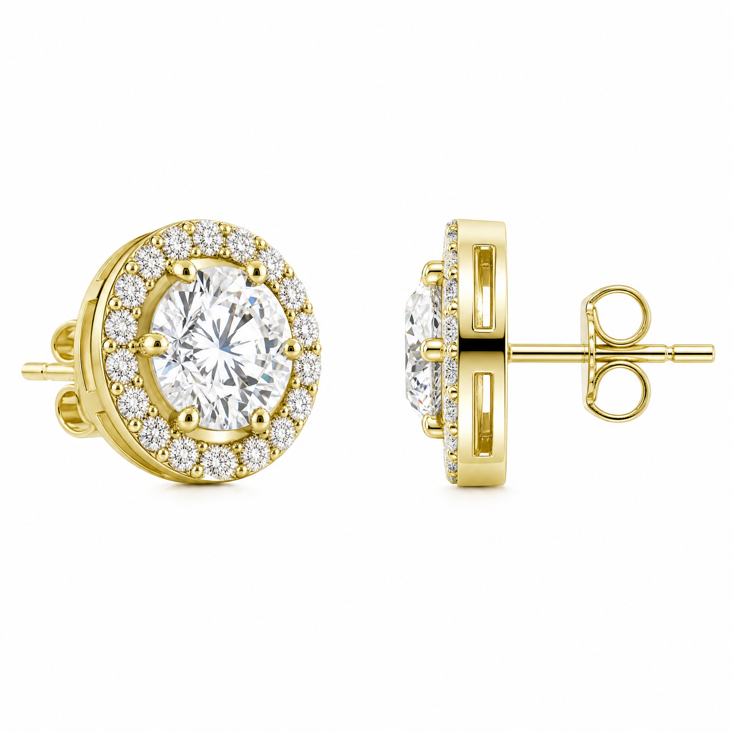 DERT0565 W-2 front and turned view showing post and butterfly back - round diamond six-prong halo stud earrings in 18K yellow gold