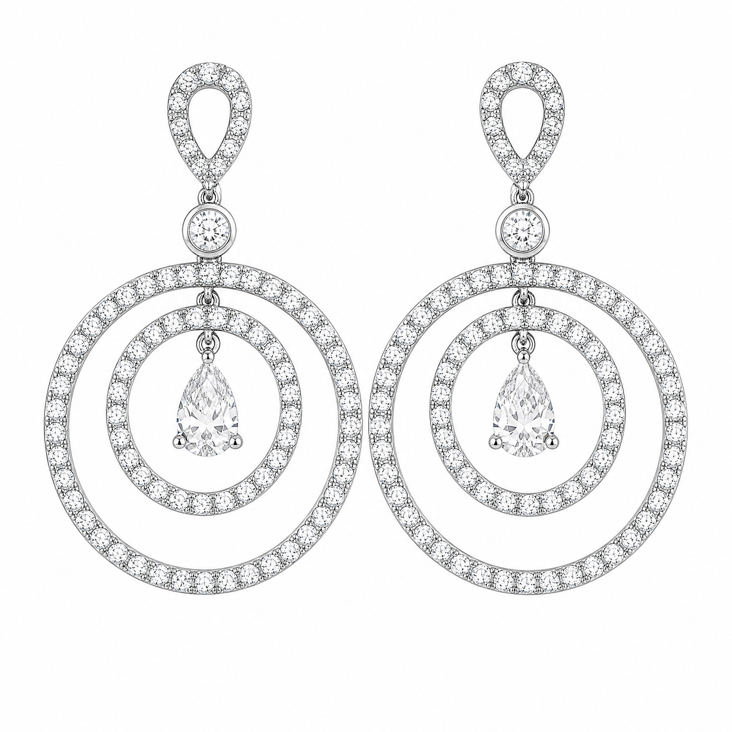 DERT0580W-CA W-1 frontal pair - pear and round diamond double circle drop earrings in 18K white gold