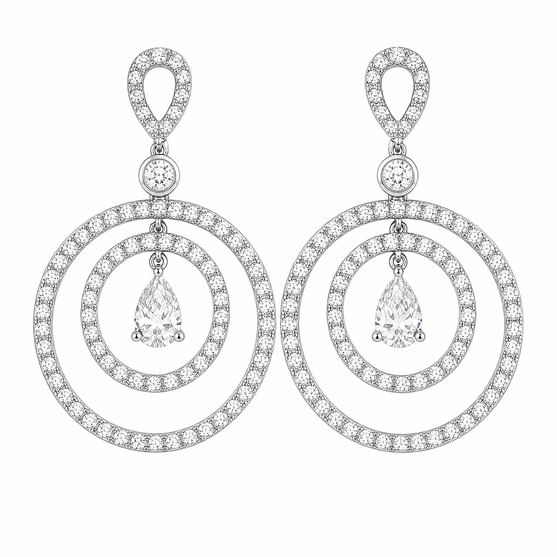 DERT0580W-CA W-1 frontal pair - pear and round diamond double circle drop earrings in 18K white gold
