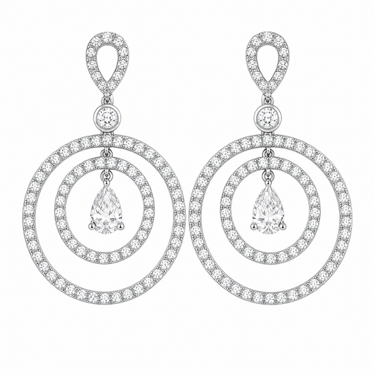 DERT0580W-CA W-1 frontal pair - pear and round diamond double circle drop earrings in 18K white gold