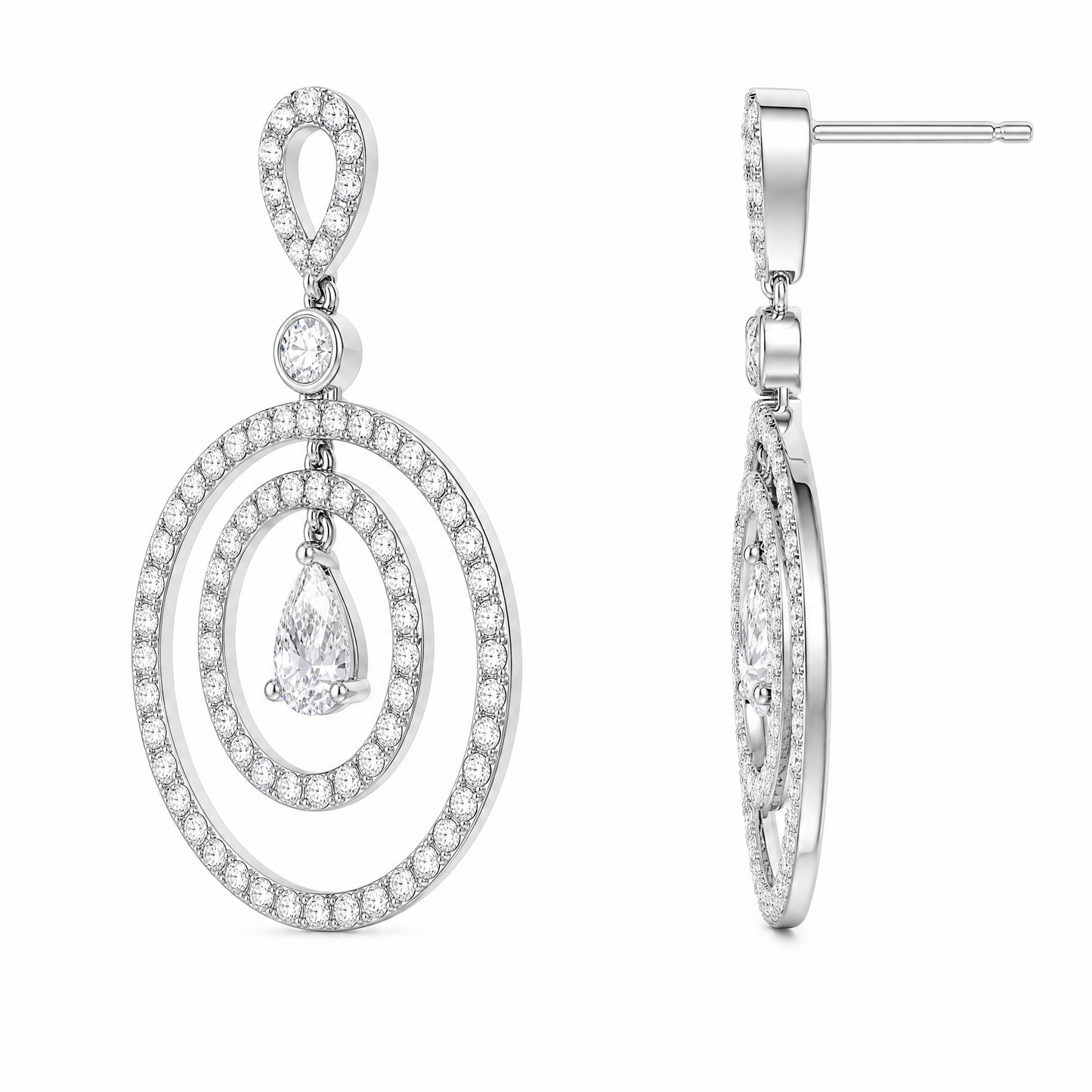 DERT0580W-CA W-2 front and turned view showing post and butterfly back - pear and round diamond double circle drop earrings in 18K white gold