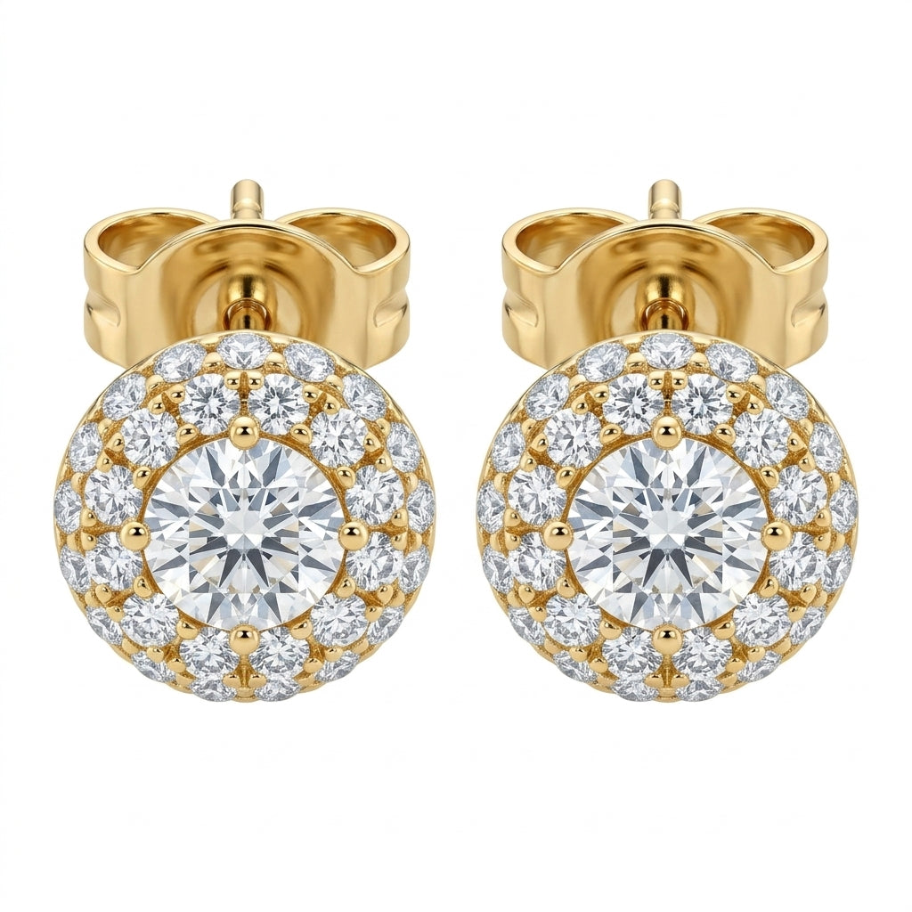 DERT0620-CA W-1 frontal pair - 18K yellow gold round diamond domed pave halo stud earrings