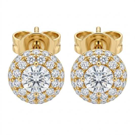 DERT0620-CA W-1 frontal pair - 18K yellow gold round diamond domed pave halo stud earrings