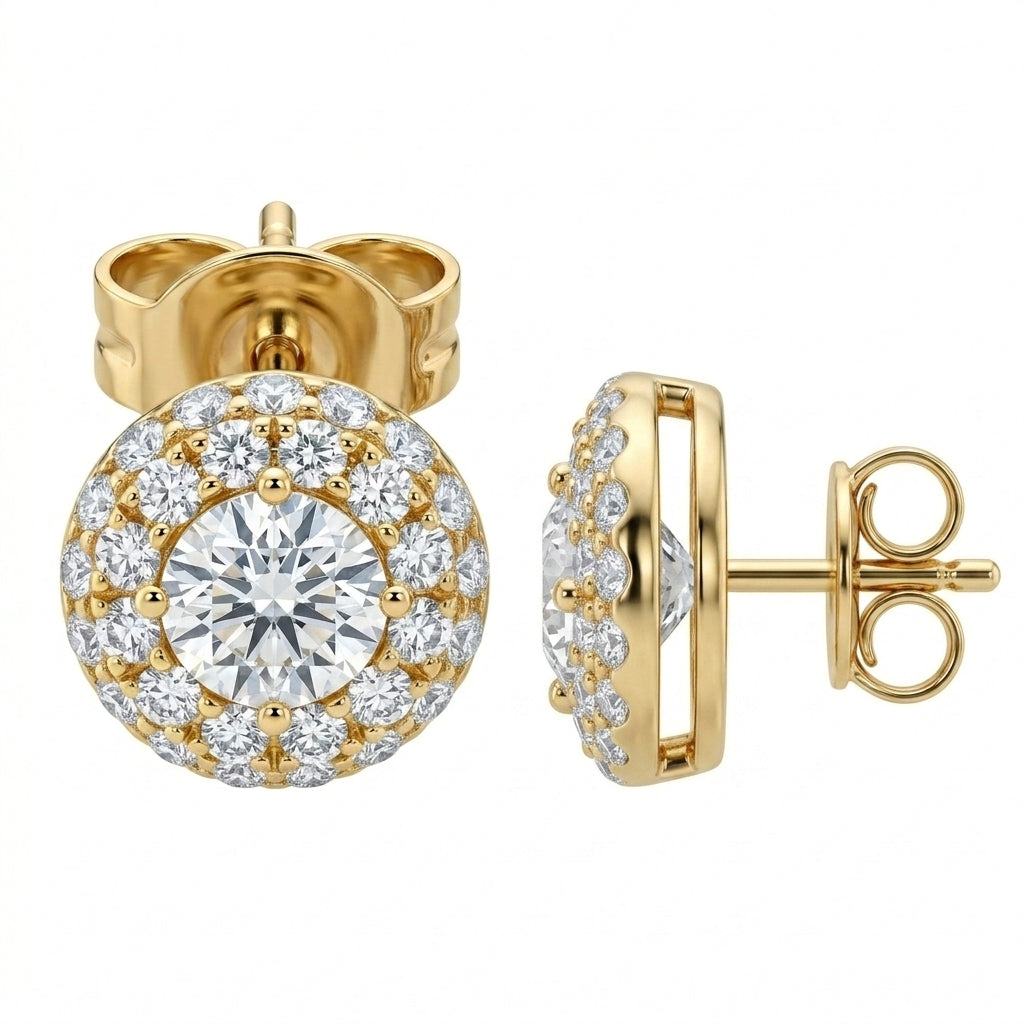 DERT0620-CA W-2 front and turned view showing post and butterfly back - 18K yellow gold round diamond domed pave halo stud earrings
