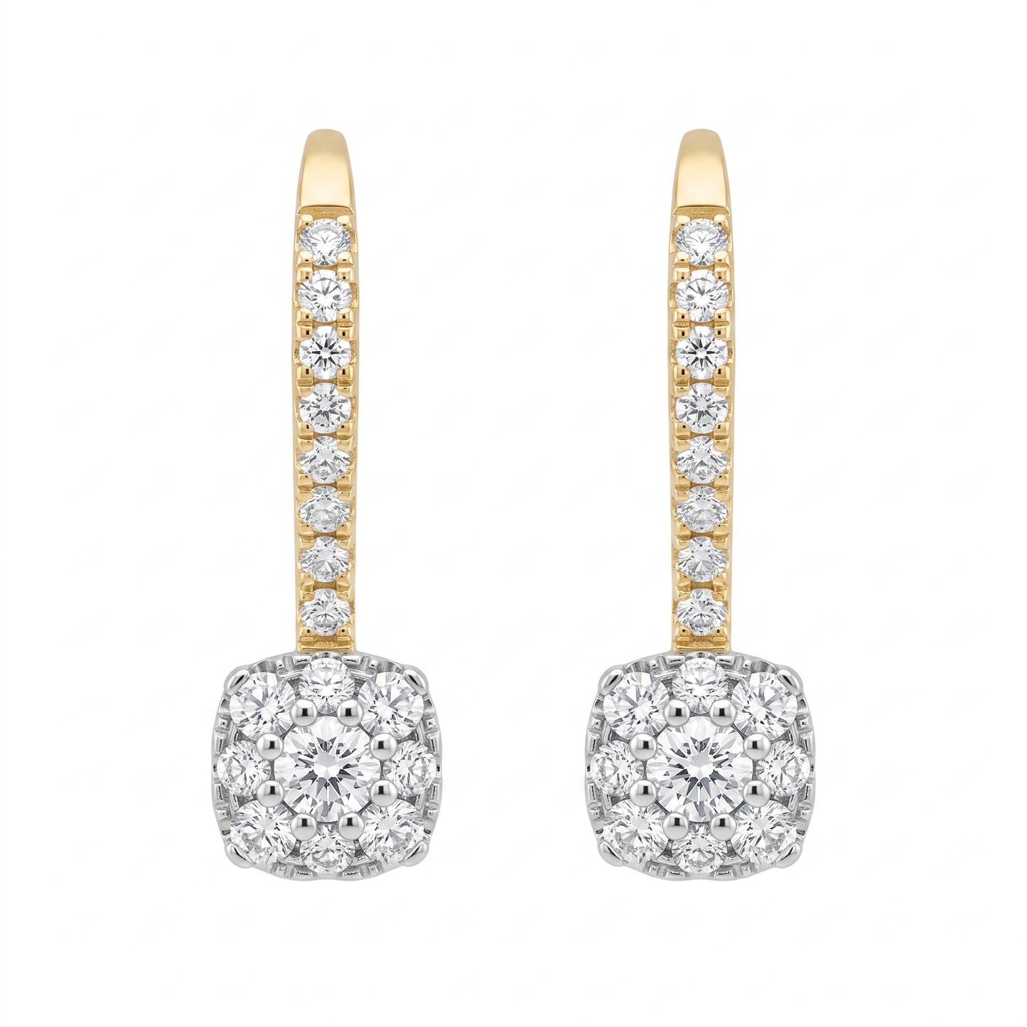DERT0773-5 14K yellow gold diamond cushion cluster lever-back drop earrings, front view