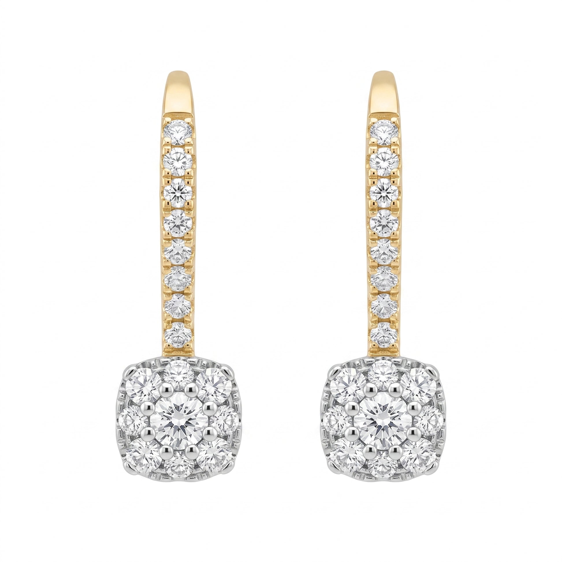 DERT0773-5 14K yellow gold diamond cushion cluster lever-back drop earrings, front view