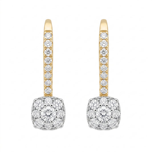DERT0773-5 14K yellow gold diamond cushion cluster lever-back drop earrings, front view