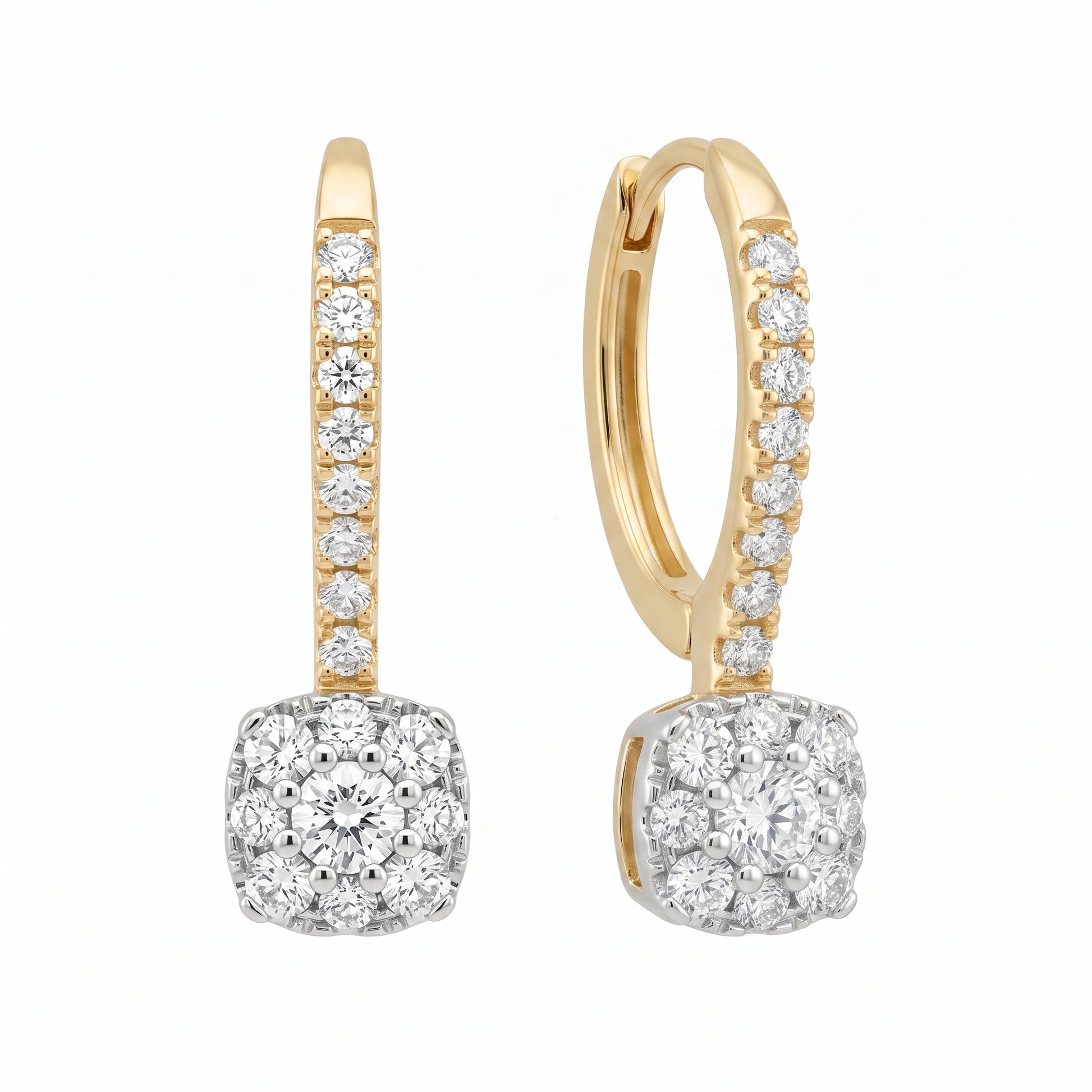 DERT0773-5 14K yellow gold diamond cushion cluster lever-back drop earrings, angled view