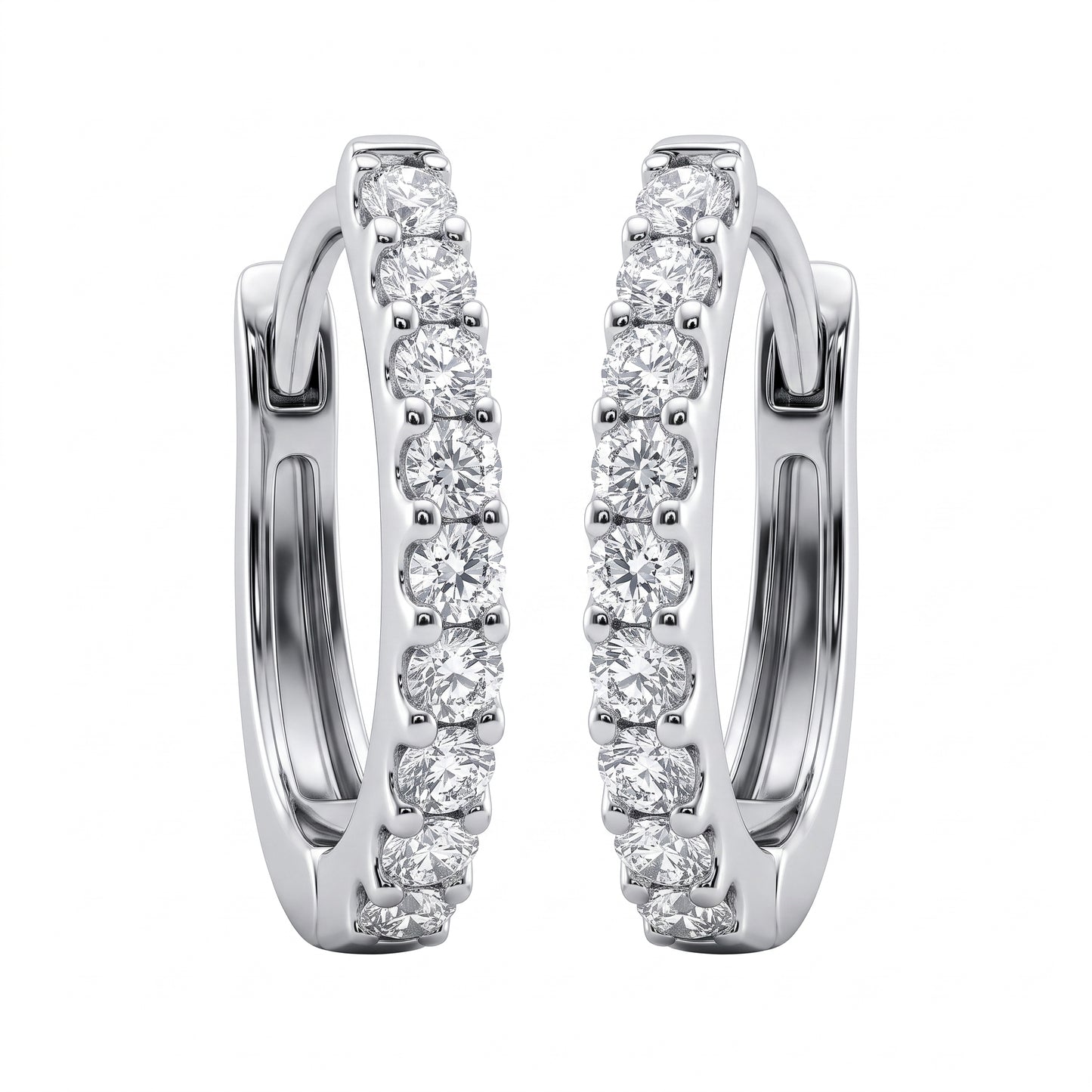 DERT0908W 18K white gold oval lever-back diamond hoop earrings with a single row of nine round brilliant diamonds in shared prongs, front view