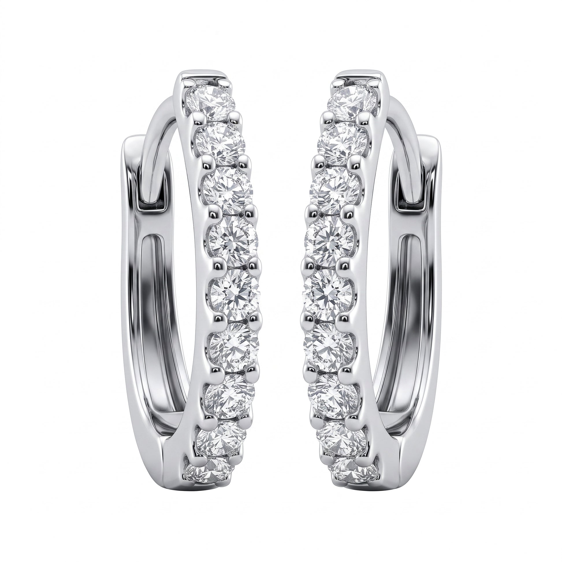 DERT0908W 18K white gold oval lever-back diamond hoop earrings with a single row of nine round brilliant diamonds in shared prongs, front view