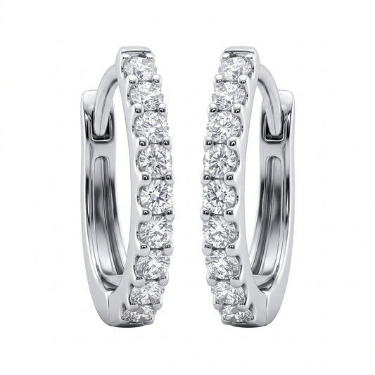 DERT0908W 18K white gold oval lever-back diamond hoop earrings with a single row of nine round brilliant diamonds in shared prongs, front view