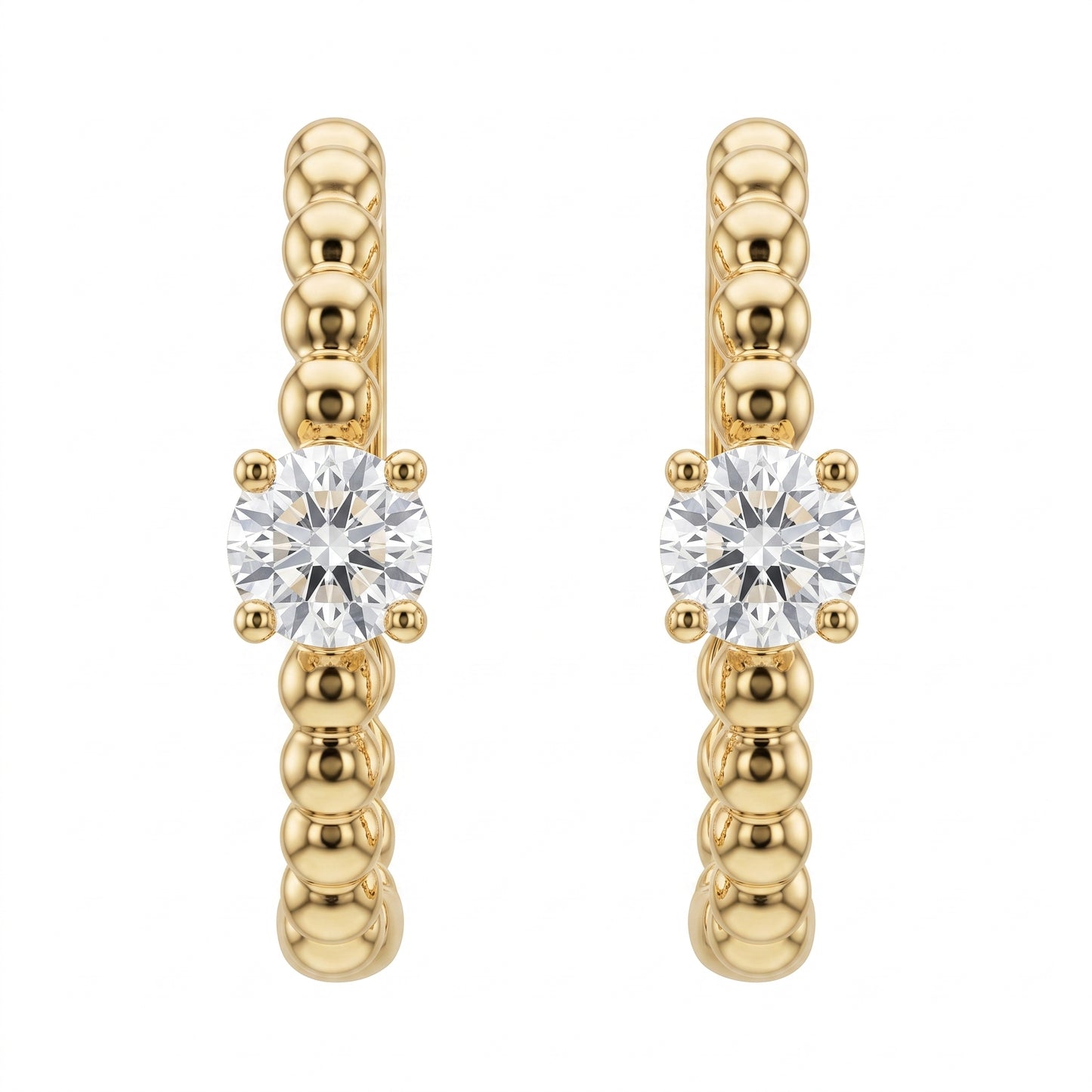 DERT0920YW-RD W-1 white background pair view - 14k yellow gold beaded hoop earrings with one round diamond each