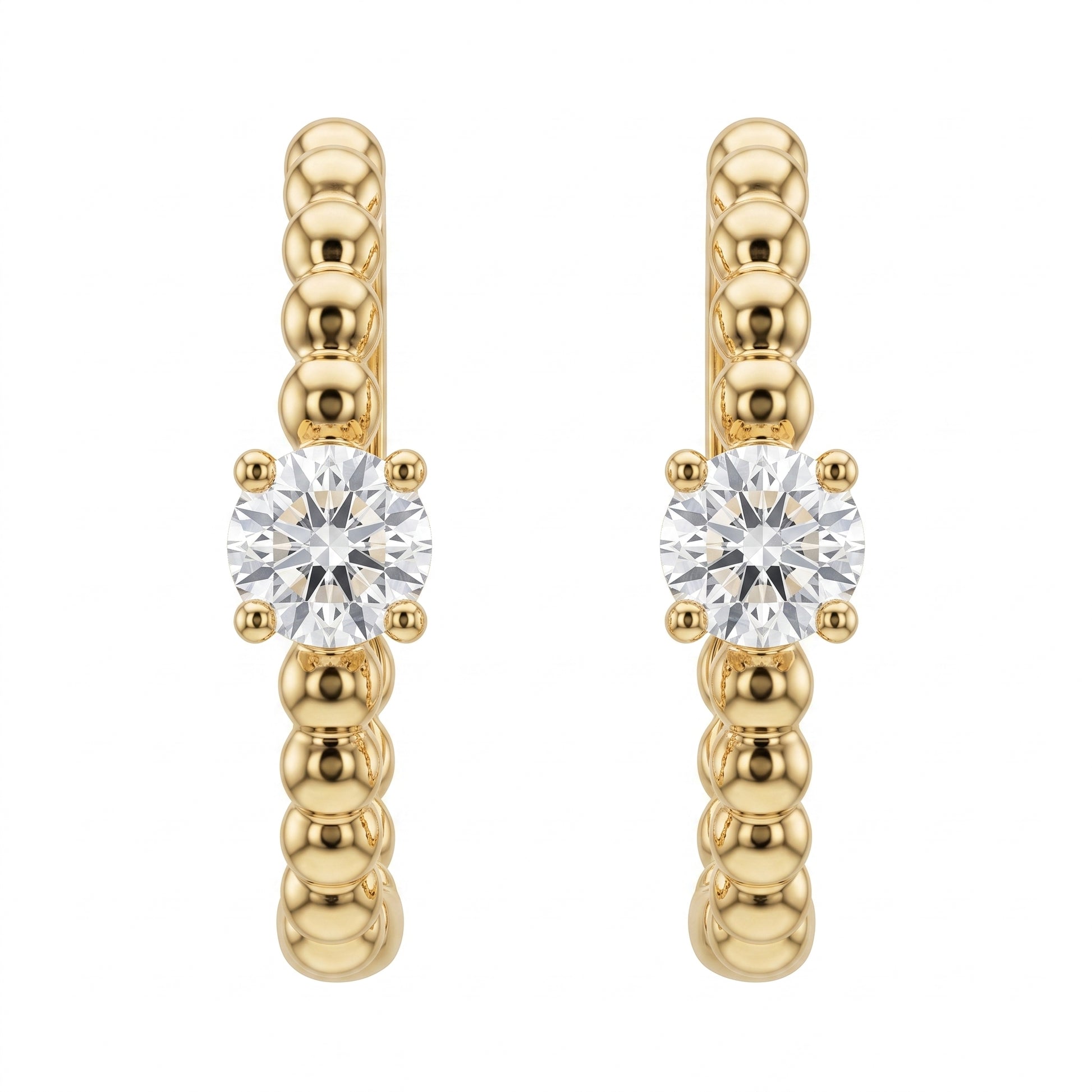 DERT0920YW-RD W-1 white background pair view - 14k yellow gold beaded hoop earrings with one round diamond each