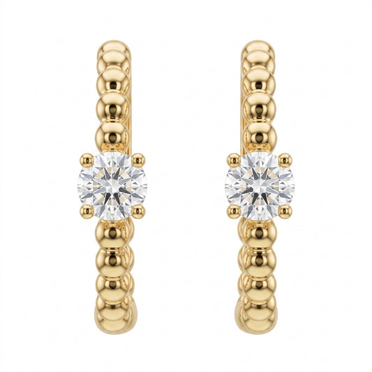 DERT0920YW-RD W-1 white background pair view - 14k yellow gold beaded hoop earrings with one round diamond each