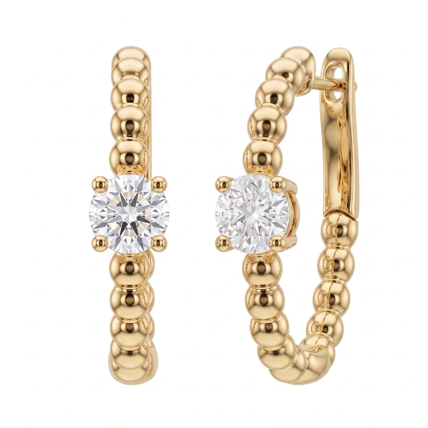 DERT0920YW-RD W-2 white background 3D turn view - 14k yellow gold beaded hoop earrings shown at two angles