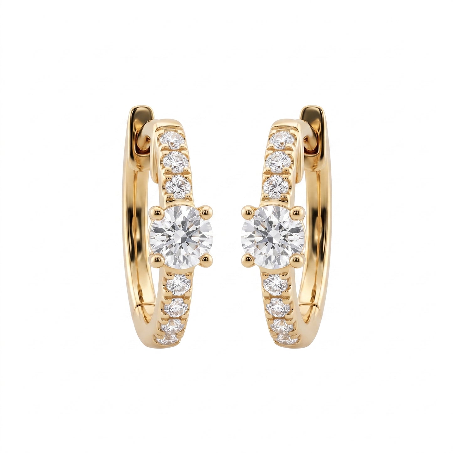 DERT0954 14K yellow gold hinged huggie hoop earrings with round brilliant centre stone and seven-diamond graduated row, front view