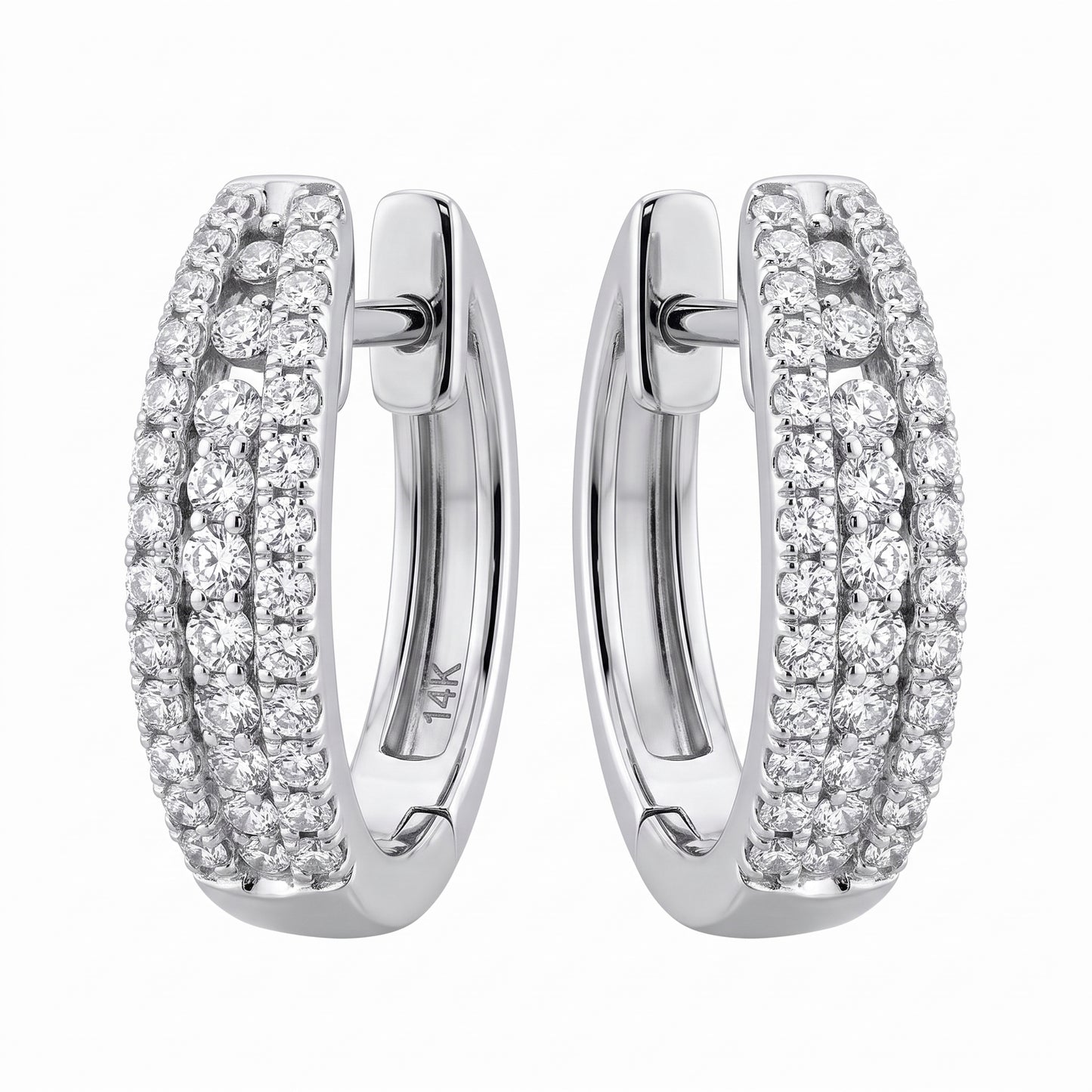 14k white gold three-row round diamond oval hinged huggie hoop earrings, 12x14mm, white background