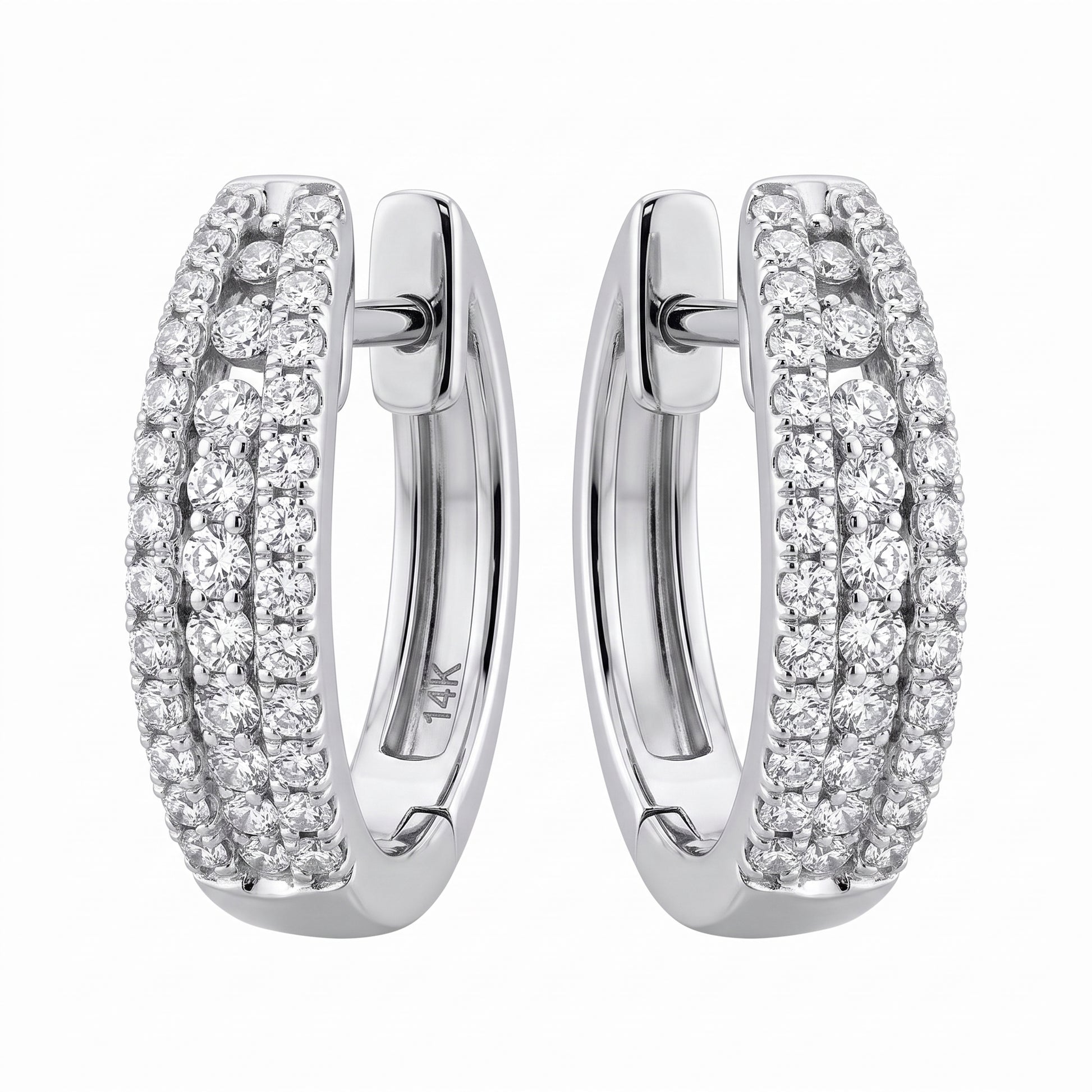 14k white gold three-row round diamond oval hinged huggie hoop earrings, 12x14mm, white background