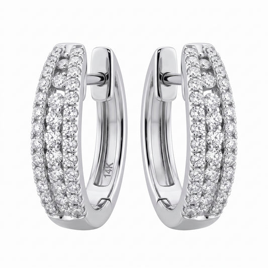 14k white gold three-row round diamond oval hinged huggie hoop earrings, 12x14mm, white background