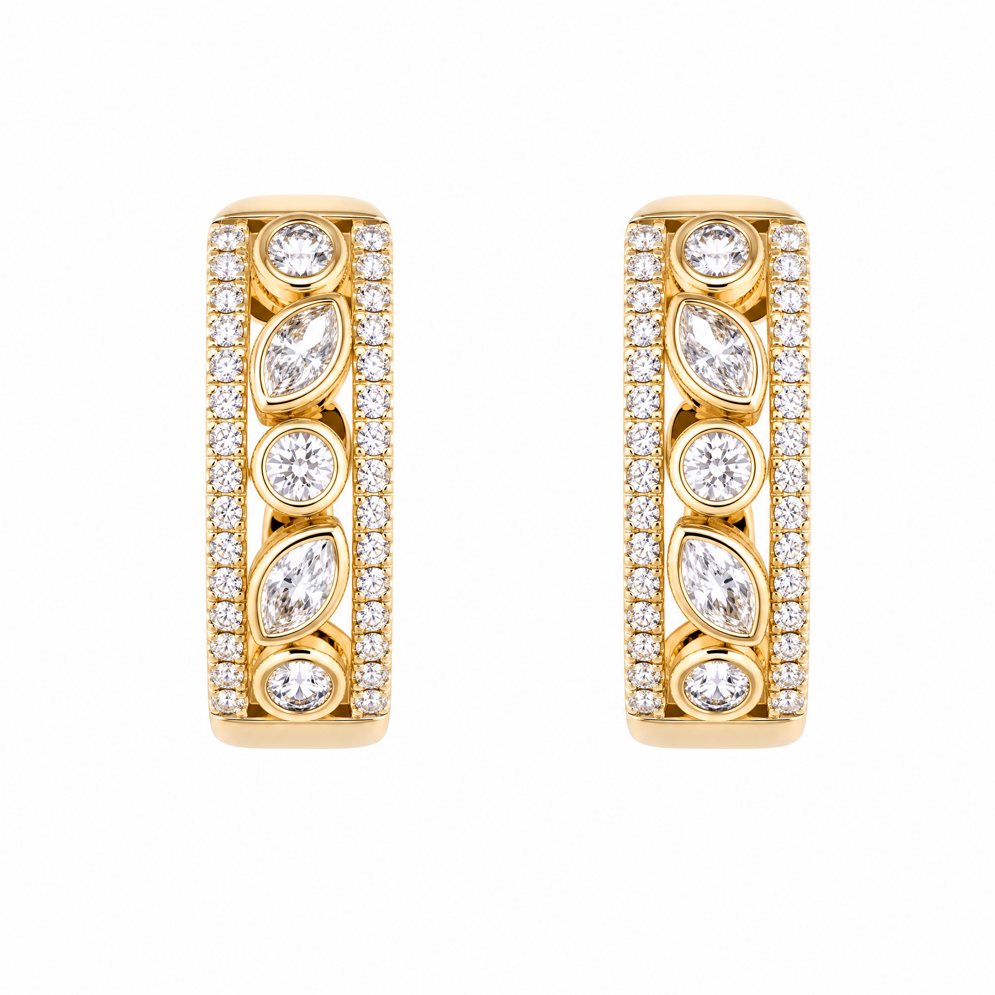 DERT0990 W-1 frontal pair - marquise and round diamond alternating huggie hoop earrings in 14K yellow gold
