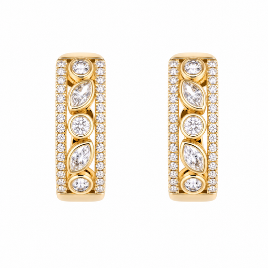 DERT0990 W-1 frontal pair - marquise and round diamond alternating huggie hoop earrings in 14K yellow gold