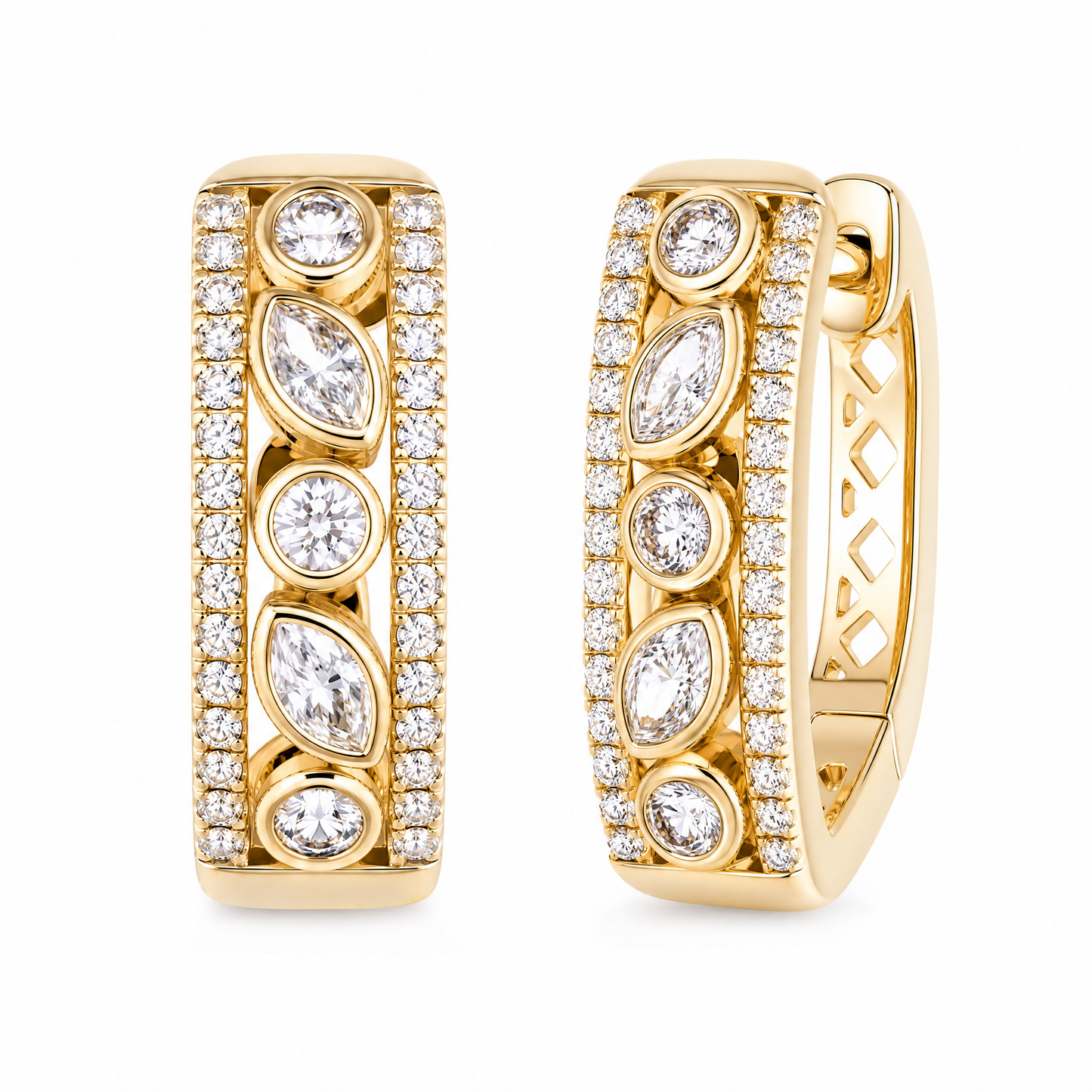 DERT0990 W-2 front and turned view showing hinged huggie closure - marquise and round diamond alternating hoop earrings in 14K yellow gold