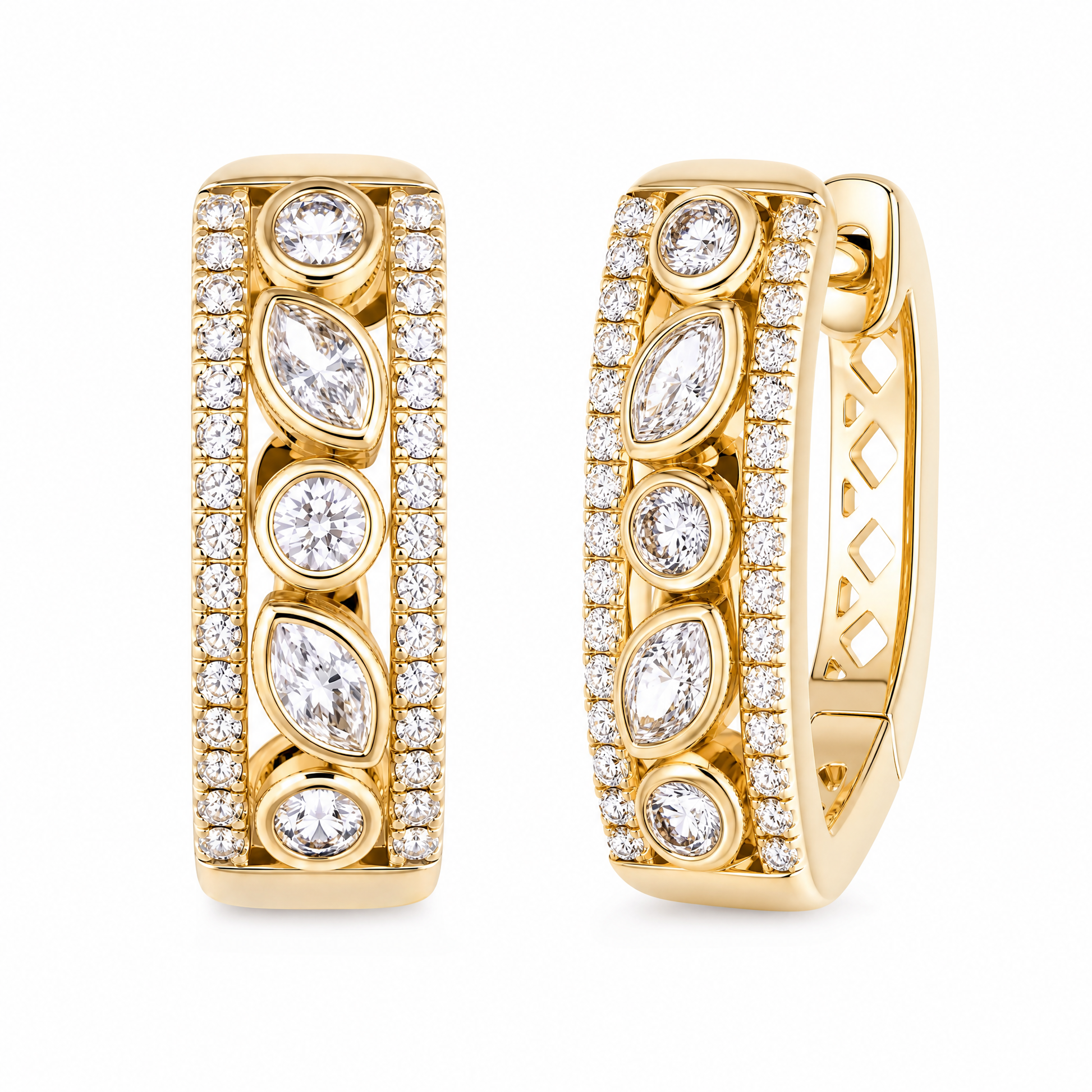 DERT0990 W-2 front and turned view showing hinged huggie closure - marquise and round diamond alternating hoop earrings in 14K yellow gold