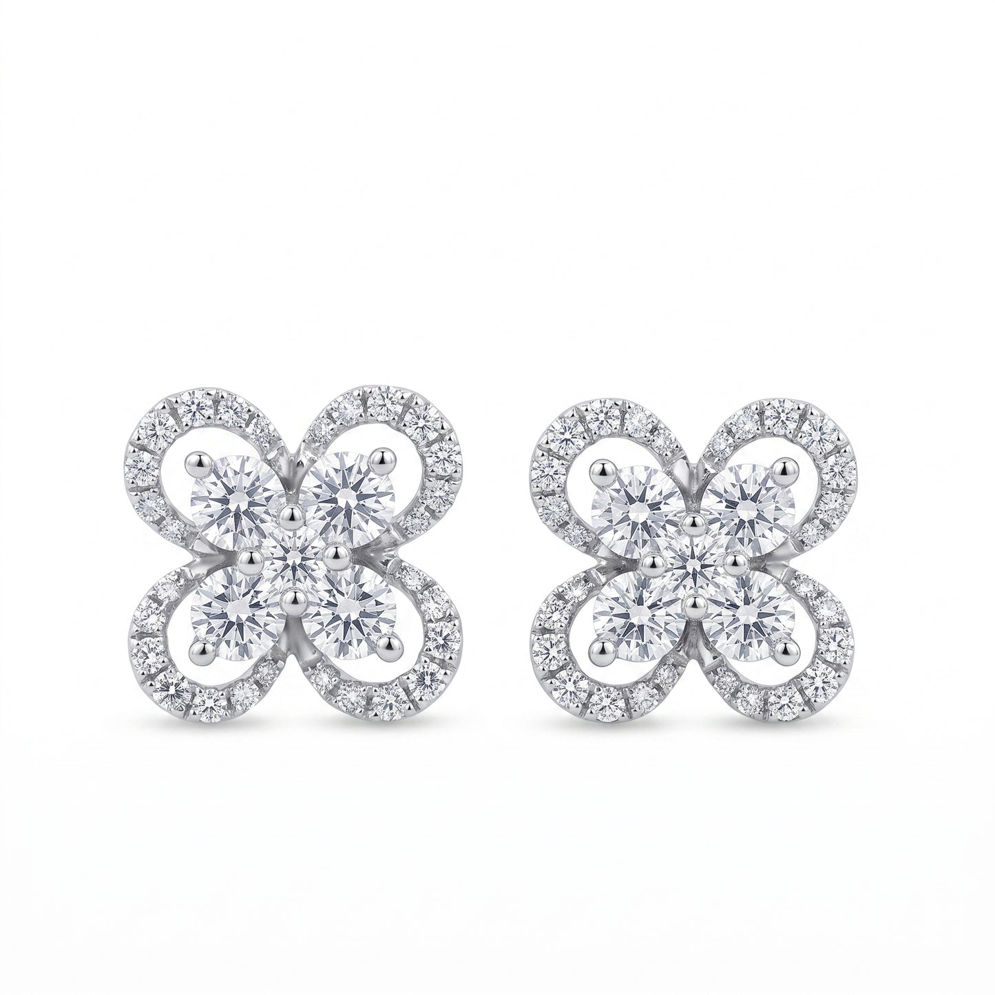 DERT0999W W-1 frontal pair - 10mm four-petal flower quatrefoil stud earrings, each petal an open loop outlined in round pave diamonds with a five-stone round brilliant centre cluster, in 18K white gold