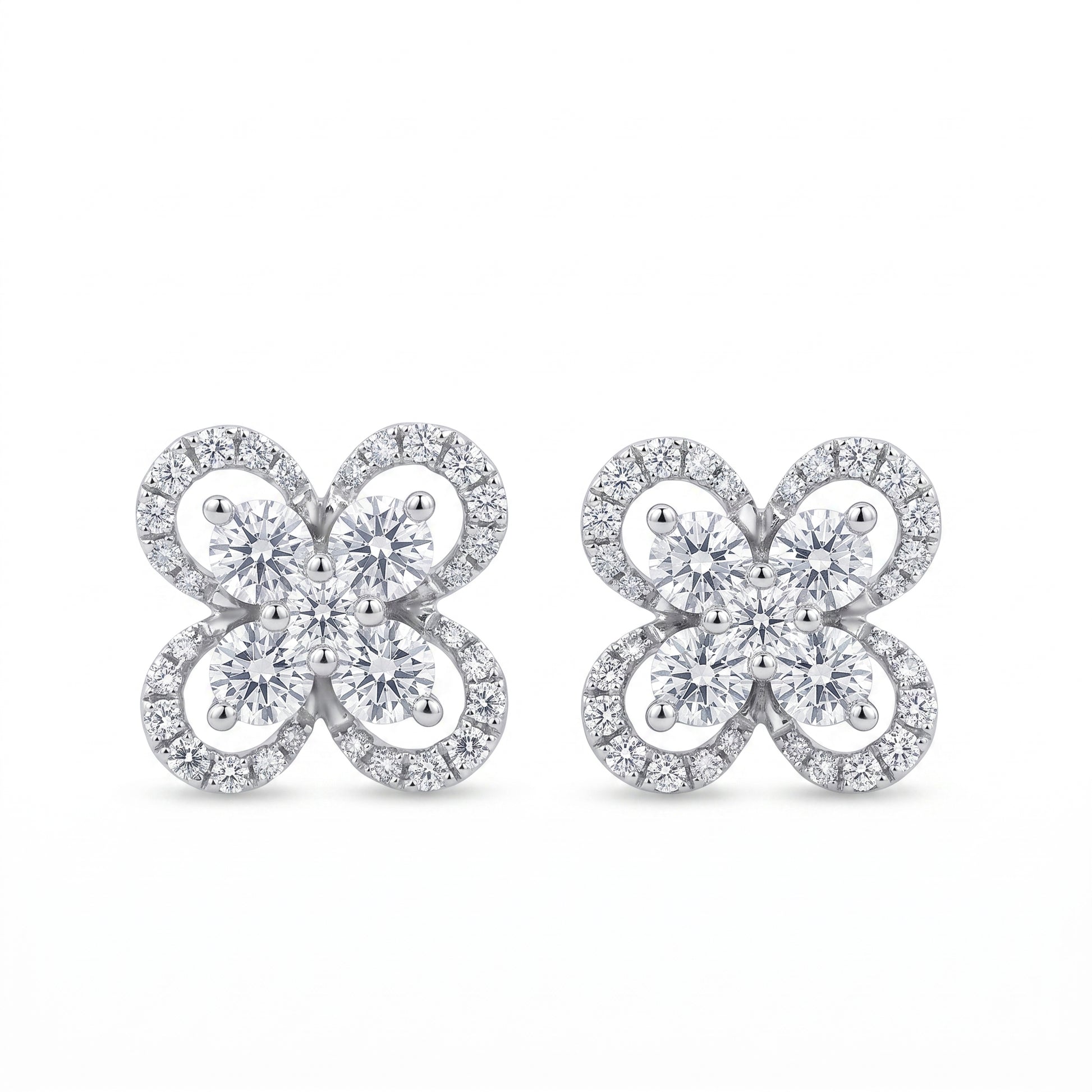 DERT0999W W-1 frontal pair - 10mm four-petal flower quatrefoil stud earrings, each petal an open loop outlined in round pave diamonds with a five-stone round brilliant centre cluster, in 18K white gold