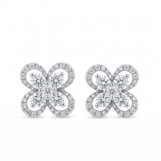 DERT0999W W-1 frontal pair - 10mm four-petal flower quatrefoil stud earrings, each petal an open loop outlined in round pave diamonds with a five-stone round brilliant centre cluster, in 18K white gold
