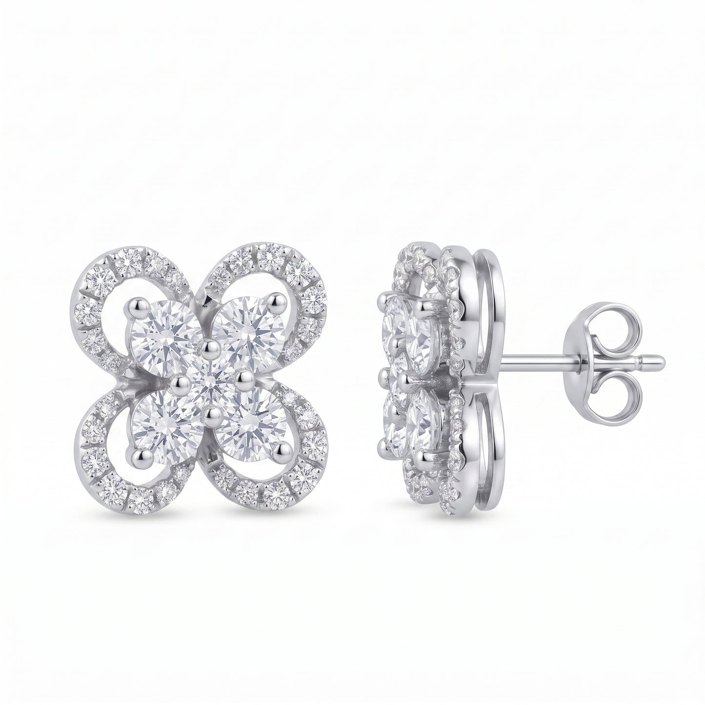 DERT0999W W-2 front and turned view showing the straight wire post and butterfly back - 10mm four-petal pave flower stud earrings in 18K white gold