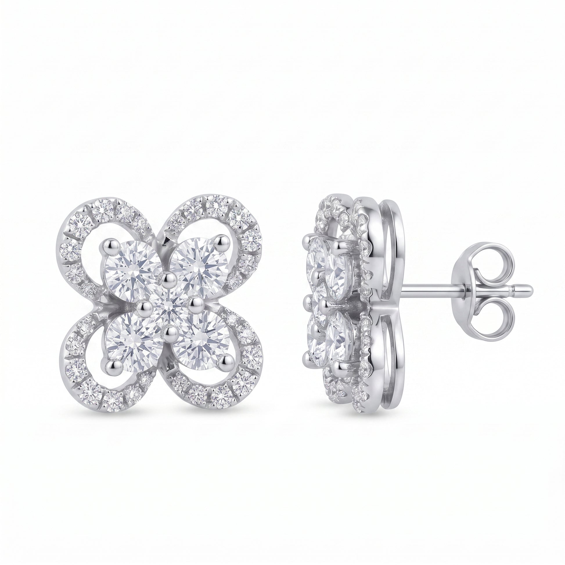 DERT0999W W-2 front and turned view showing the straight wire post and butterfly back - 10mm four-petal pave flower stud earrings in 18K white gold