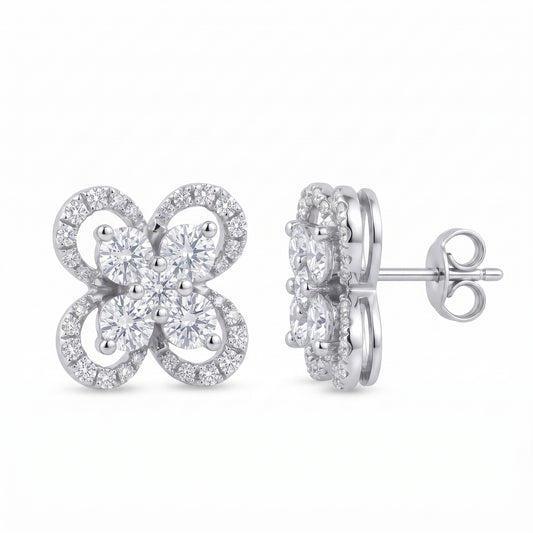 DERT0999W W-2 front and turned view showing the straight wire post and butterfly back - 10mm four-petal pave flower stud earrings in 18K white gold