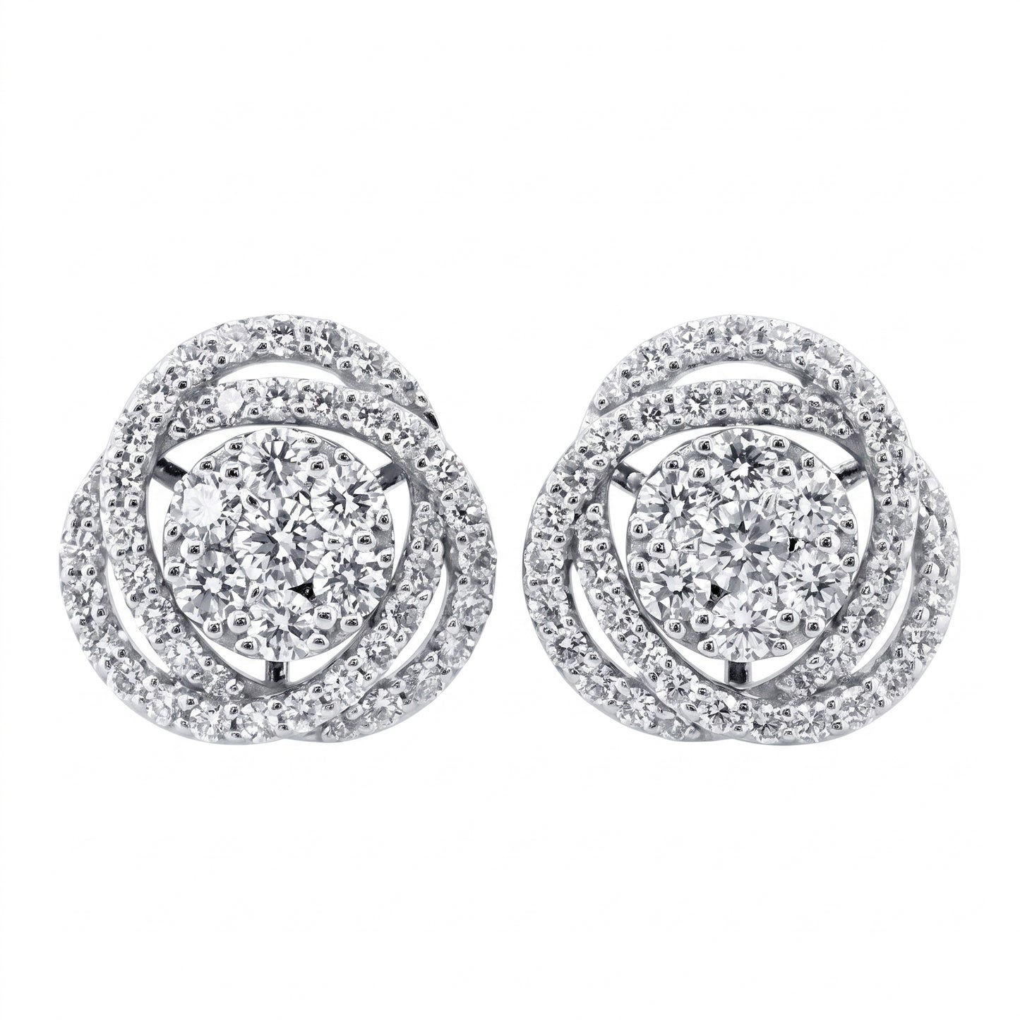 18K white gold woven diamond cluster post earrings, front view