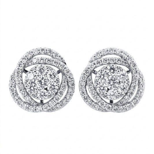 18K white gold woven diamond cluster post earrings, front view