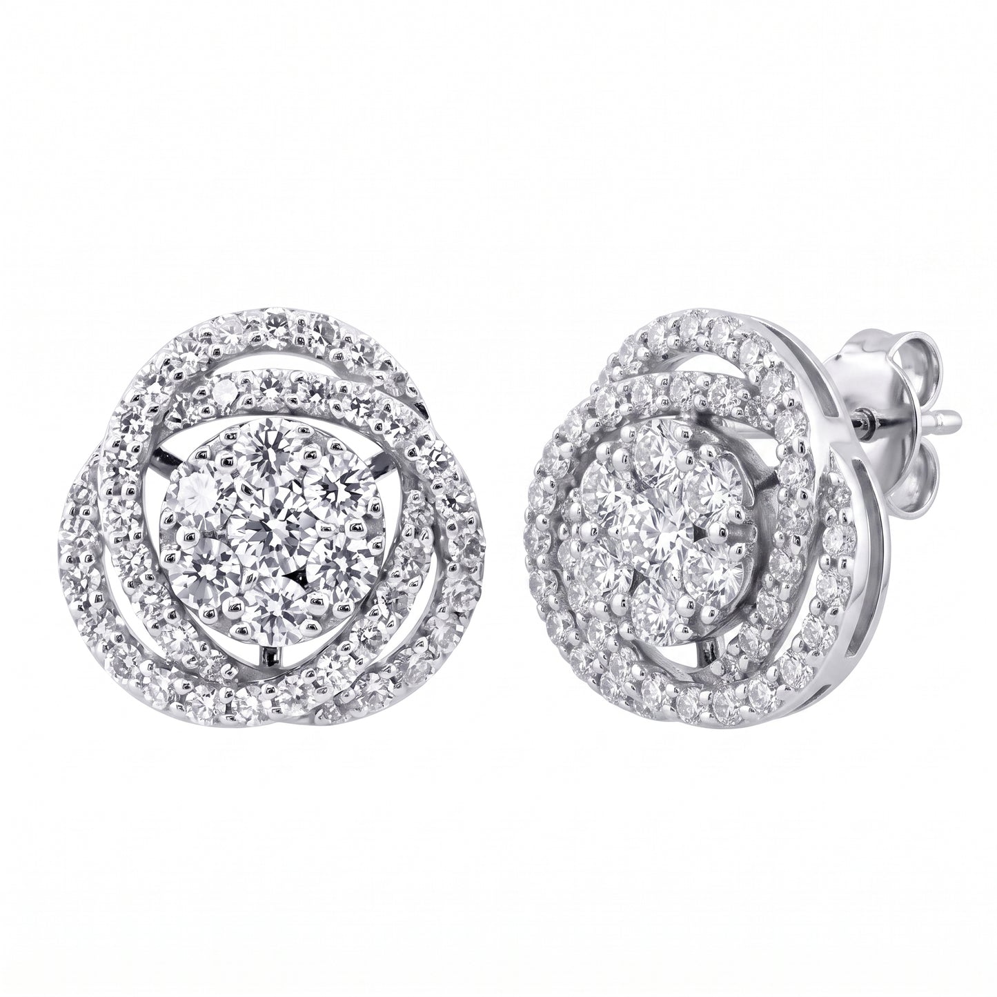 18K white gold woven diamond cluster post earrings, three-quarter turned view
