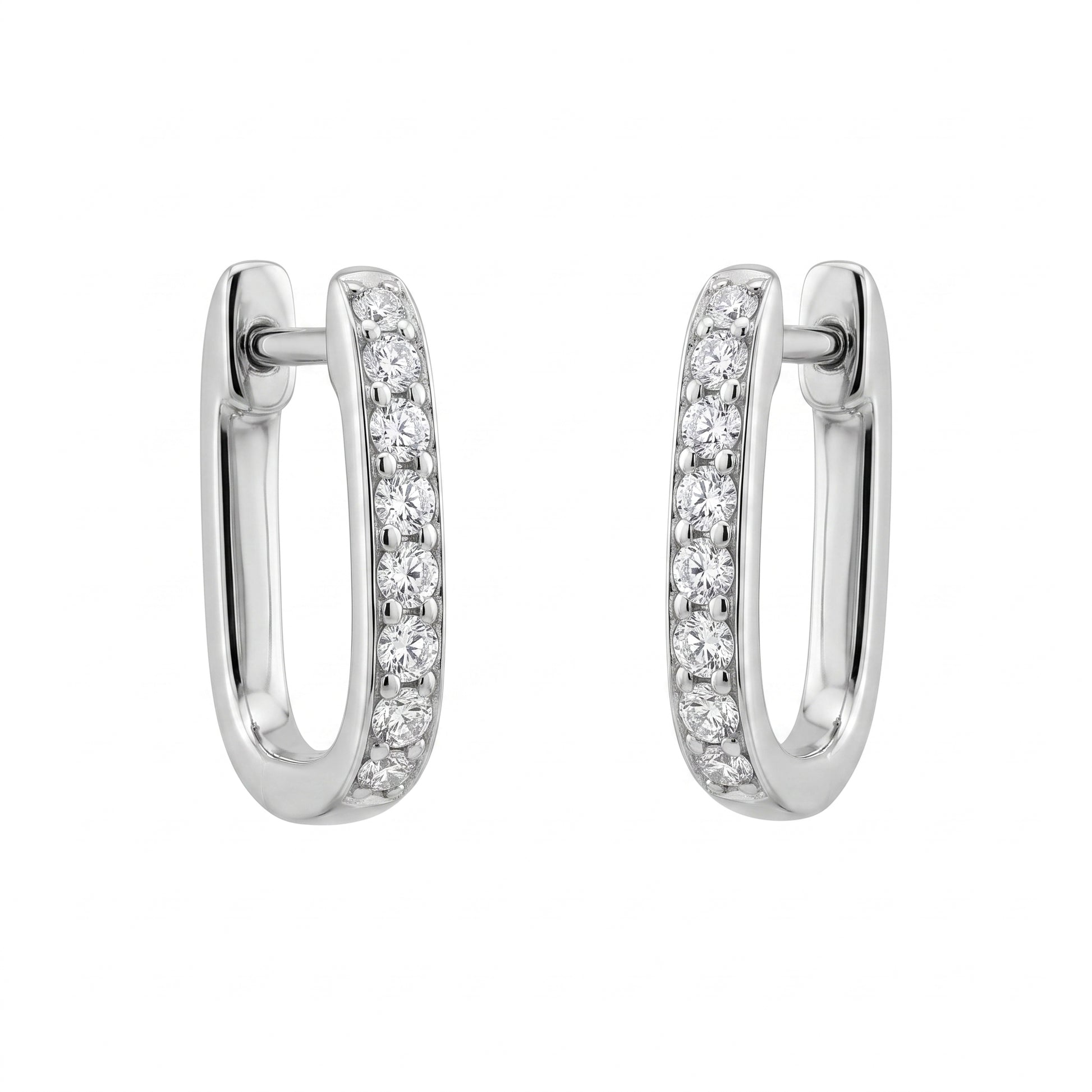 18-Diamond U-Shape Paperclip Hoop Earrings, 2x9x15mm - white background front view
