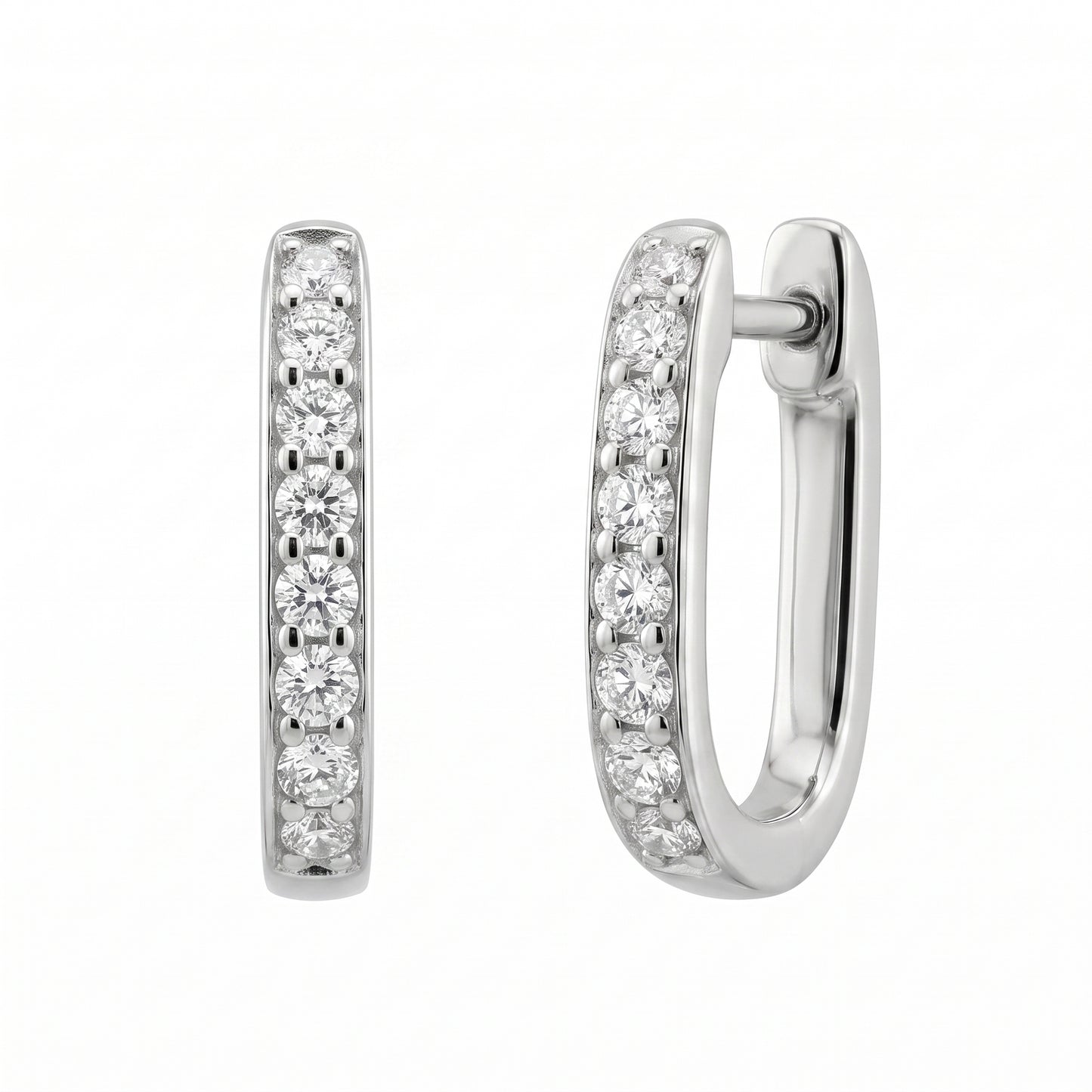 18-Diamond U-Shape Paperclip Hoop Earrings, 2x9x15mm - white background front and profile view