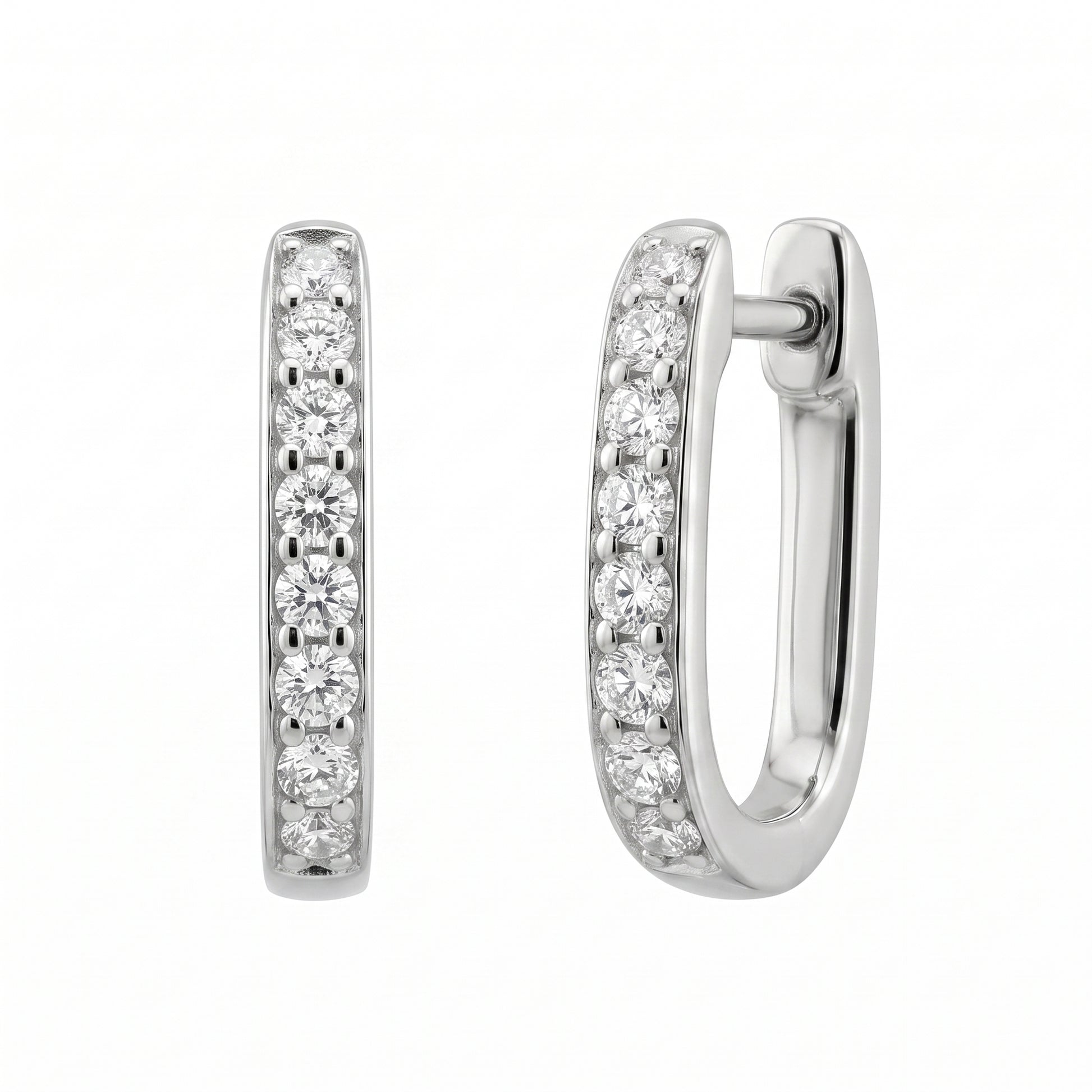 18-Diamond U-Shape Paperclip Hoop Earrings, 2x9x15mm - white background front and profile view