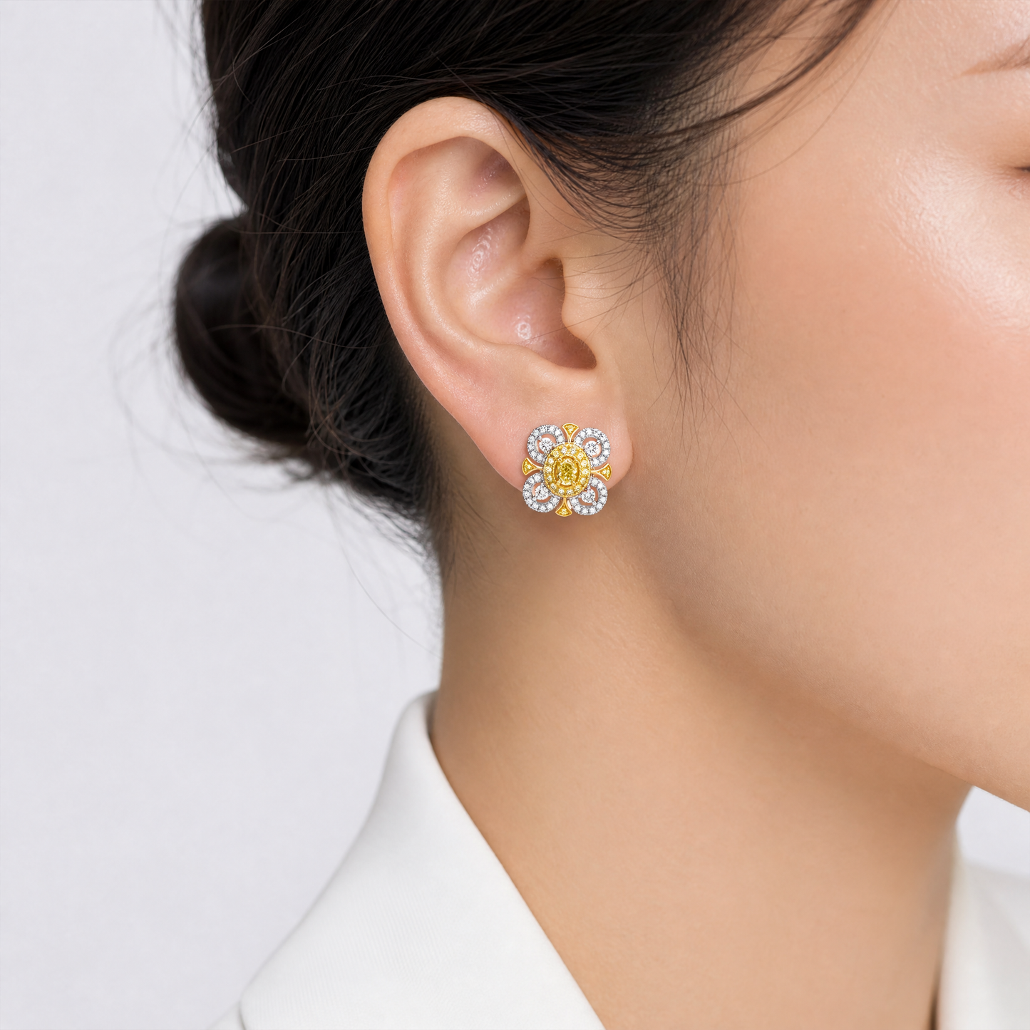 0.41ct Fancy Yellow Diamond & White Diamond Flower Earrings