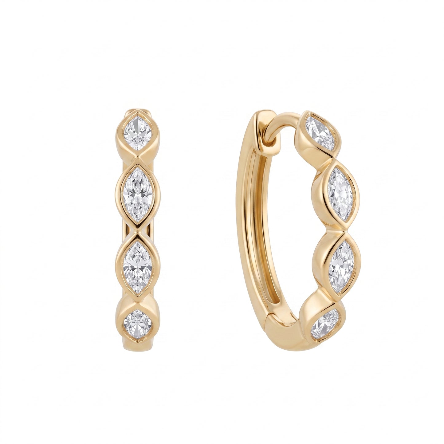18k yellow gold eight marquise diamond bezel-set hoop earrings, front and profile view, white background